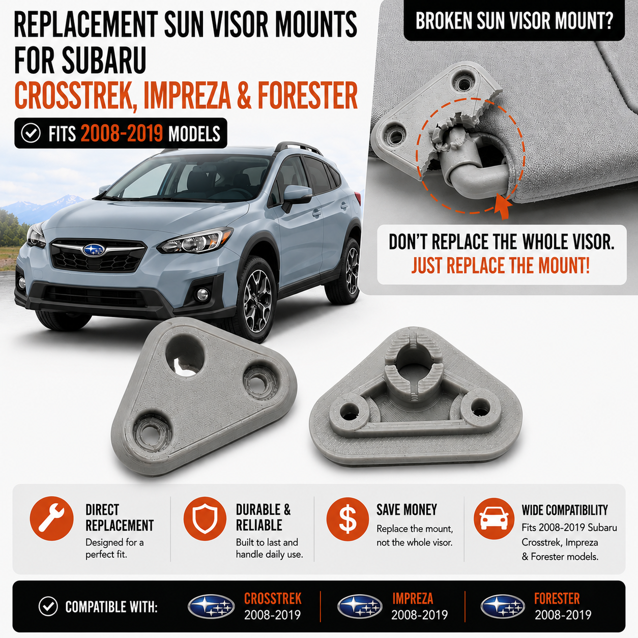 08-19 Subaru Sun Visor Mount Bracket Impreza Forester Crosstrek BRZ 86 FRS 2pk